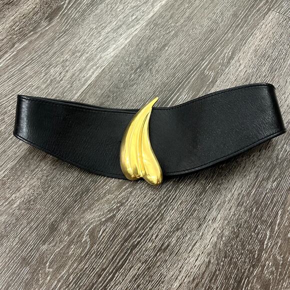 Vintage Donna Karan New York Black Leather Waist Belt Med Gold Sculptural Buckle - Picture 8 of 15